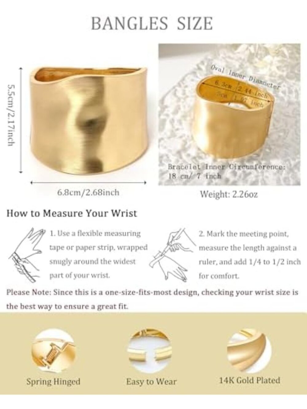 Trendy 14K Gold Plated Wide Bangle Bracelets for Women - Stylish Jewelry - Picture 4 of 6